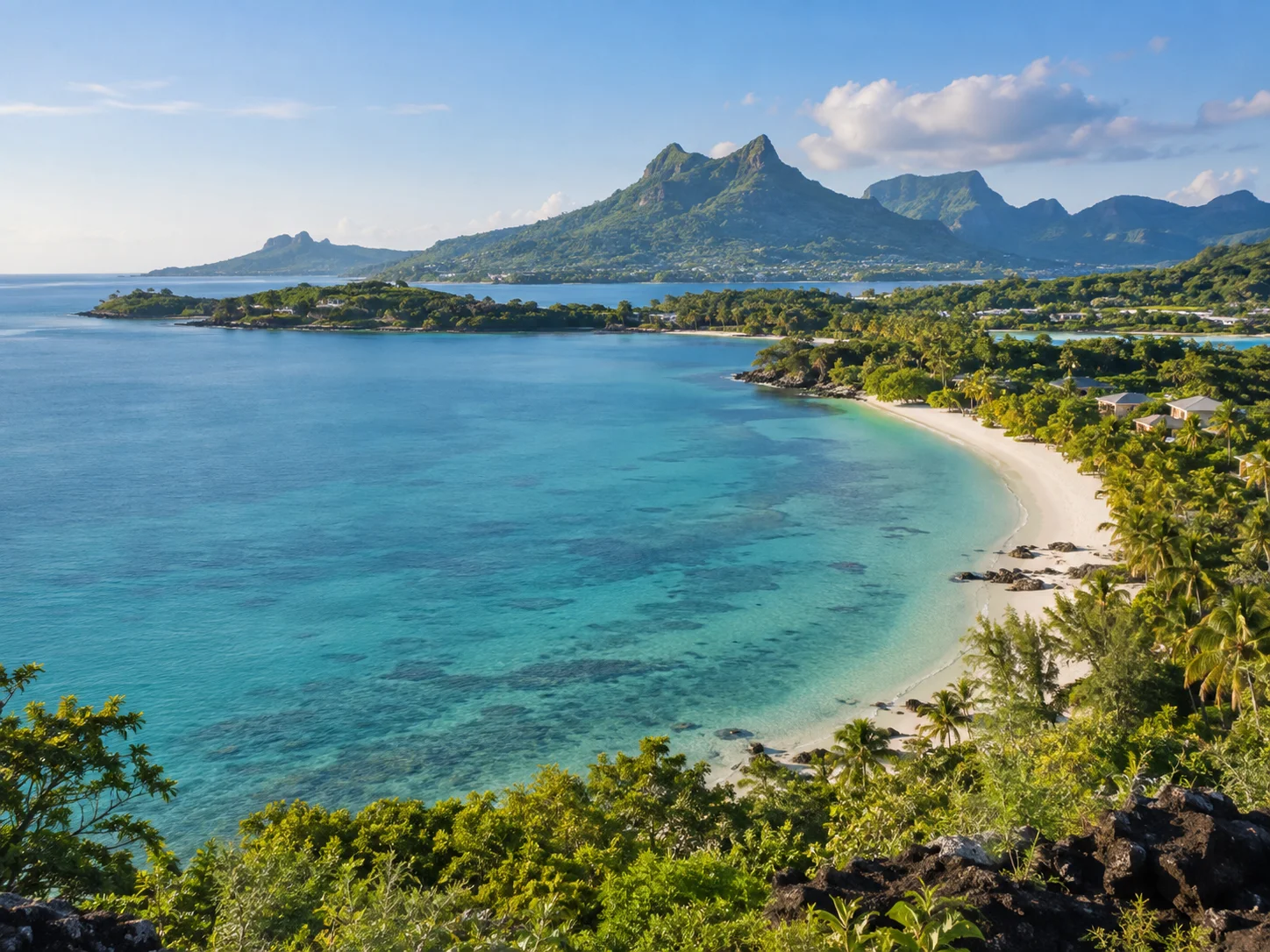 Illustration d’une baie mauricienne, de sa plage et de ses montagnes